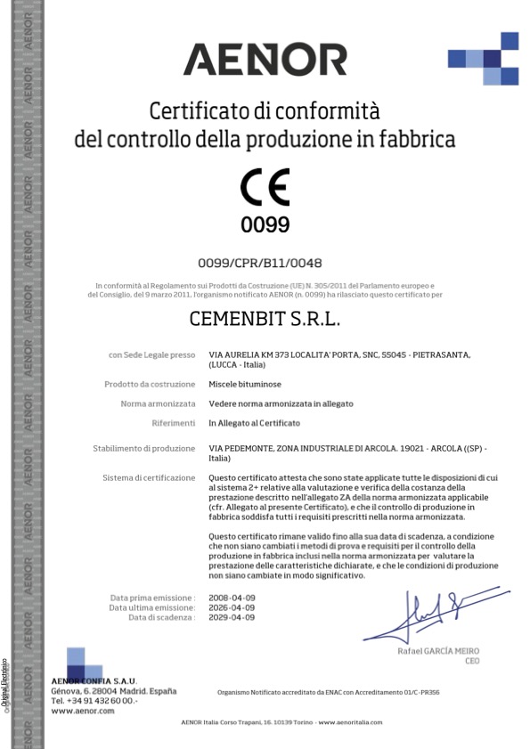 Certificato Conformità CE Miscele bituminose - ARCOLA
